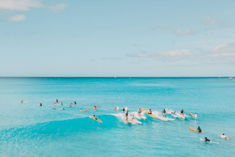 Alumnos de surf de Wave X remando hacia la ola